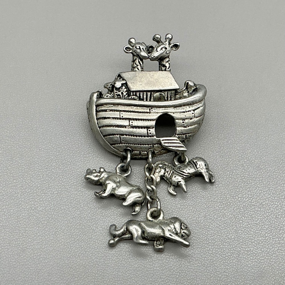 Noah's Ark Brooch Pin Women Silver Tone Animal Dangle Religious Fashion Jewelry
